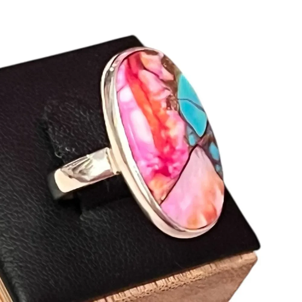 Oval Pink Dahlia Blue Turquoise Copper Sterling Silver Ring Size 7